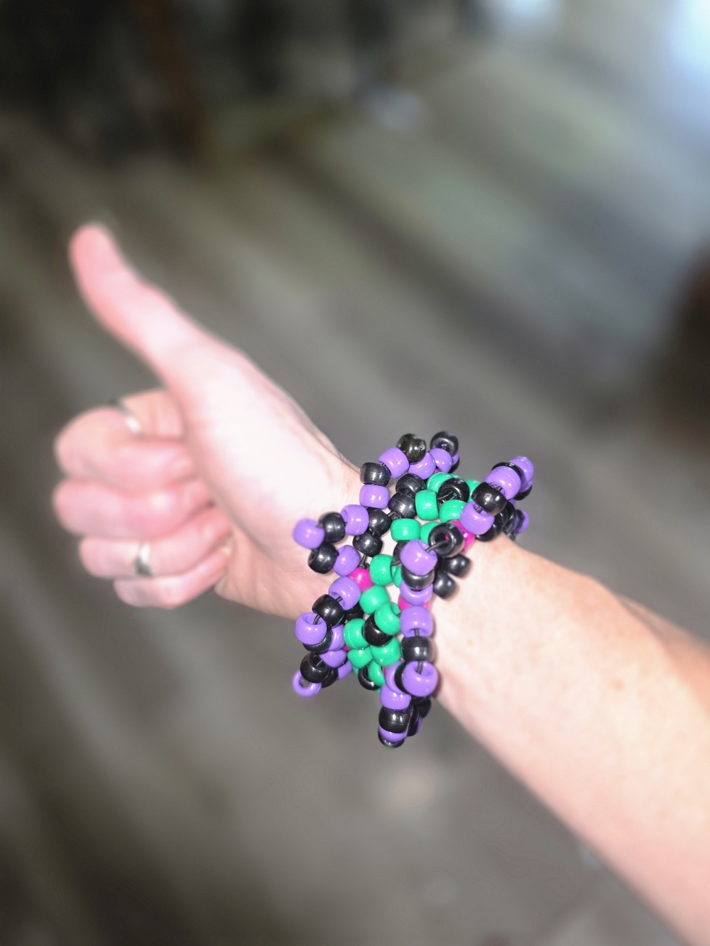 Handmade Purple, Green & Black Beaded Stretch Bracelet